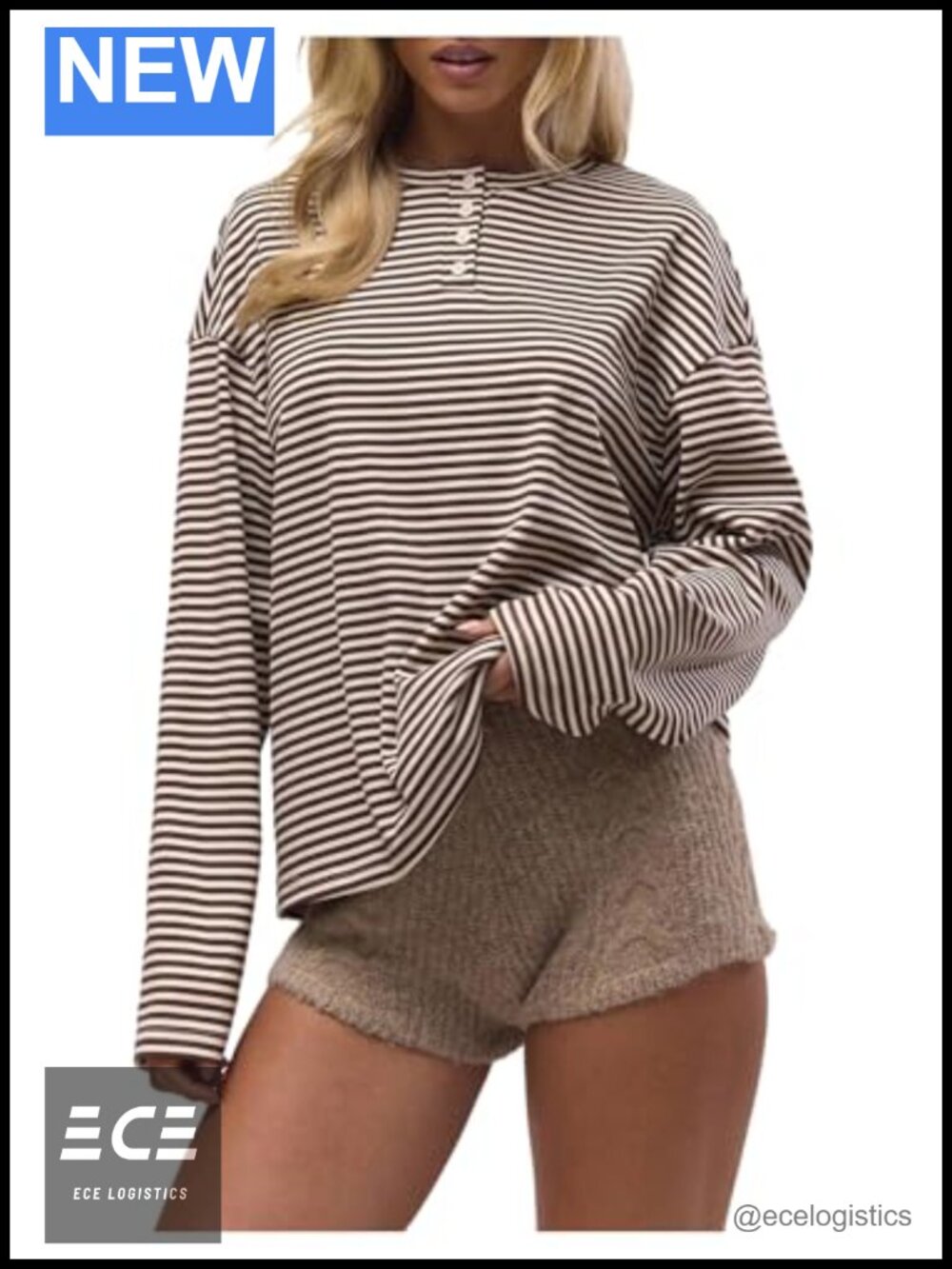 Women's Striped Long Sleeve Henley Button T Shirt Loose Fit Casual Top